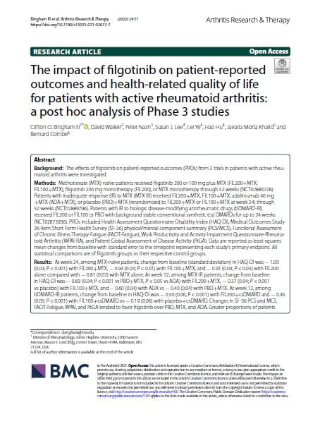 活動性関節リウマチ患者の患者報告アウトカムおよび健康関連QOLに対するフィルゴチニブの効果：第III相試験のpost hoc解析