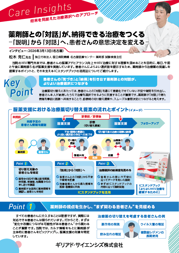 Care Insights 将来を見据えた治療選択へのアプローチ 薬剤師との「対話」が、納得できる治療をつくる ‐「説明」から「対話」へ、患者さんの意思決定を変える‐